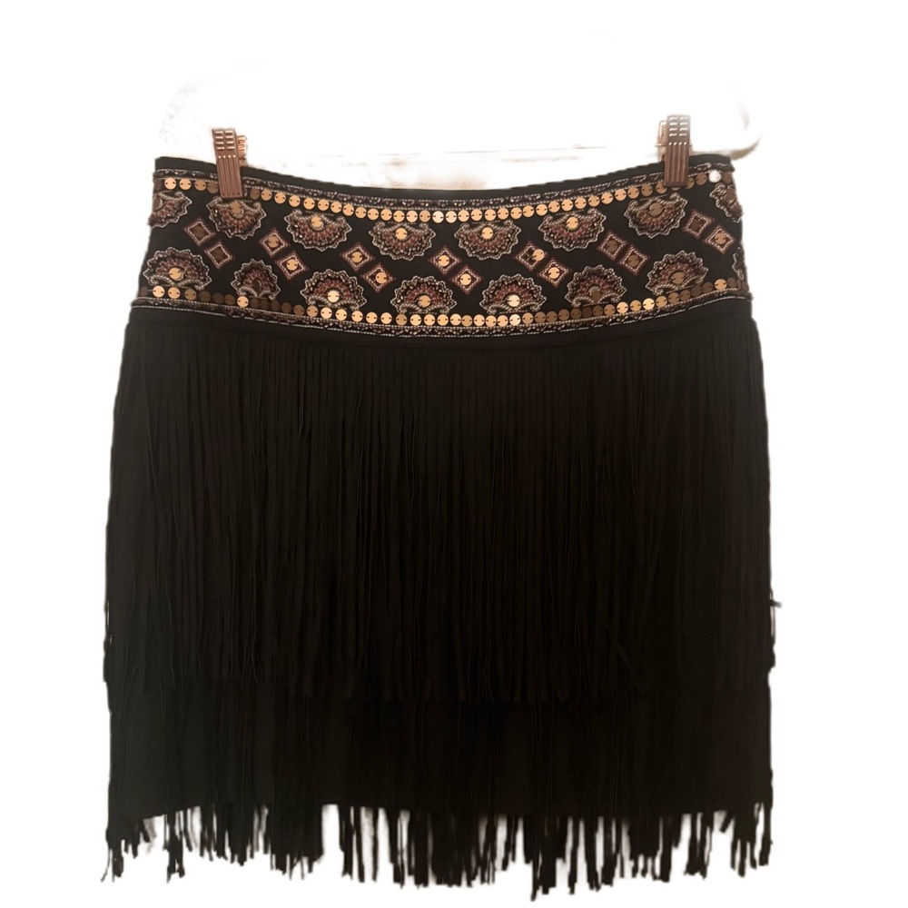 Bohemian Western Beaded Embellished Fringe Mini Skirt - Dark Chocolate Brown - Picture 2 of 4